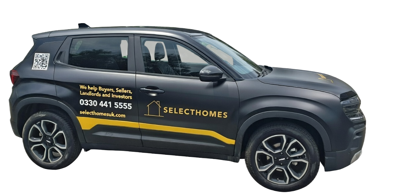 Black SUV with yellow and white promotional graphics for Select Homes, including company logo, contact number, website, and a QR code.