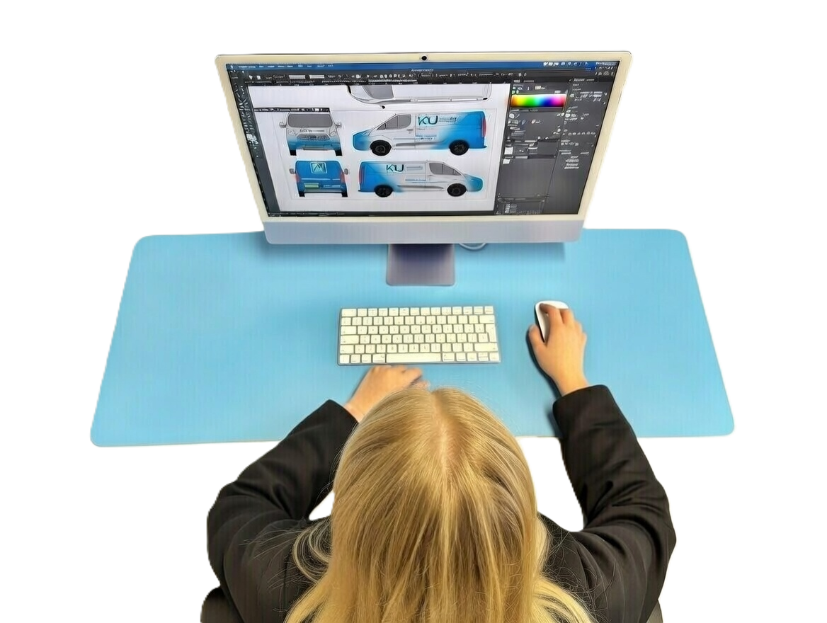 A woman working at a computer in graphic design, creating vehicle illustrations with a design software.