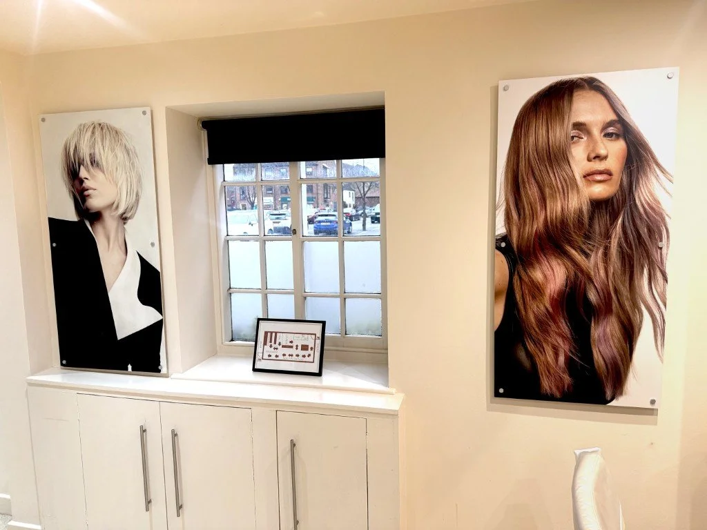 Interior of a salon or beauty studio with two large hair-themed posters on the wall, a window, and a white cabinet below the window.