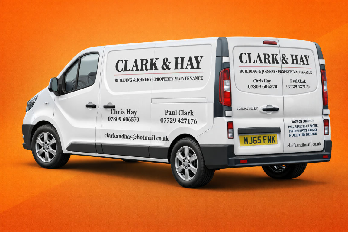 White commercial van with company logo 'Clark & Hay' and contact information, parked against an orange background.