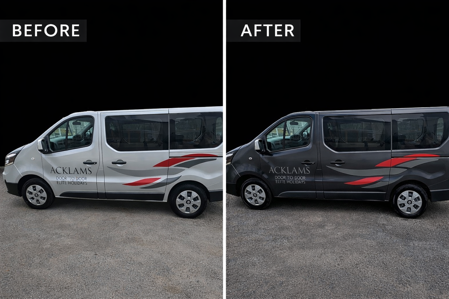 Comparison of a white and a black van parked side by side, displaying the same logo and design, labeled 'Before' and 'After' at the top, with a black background behind the 'After' van and a textured ground beneath both.