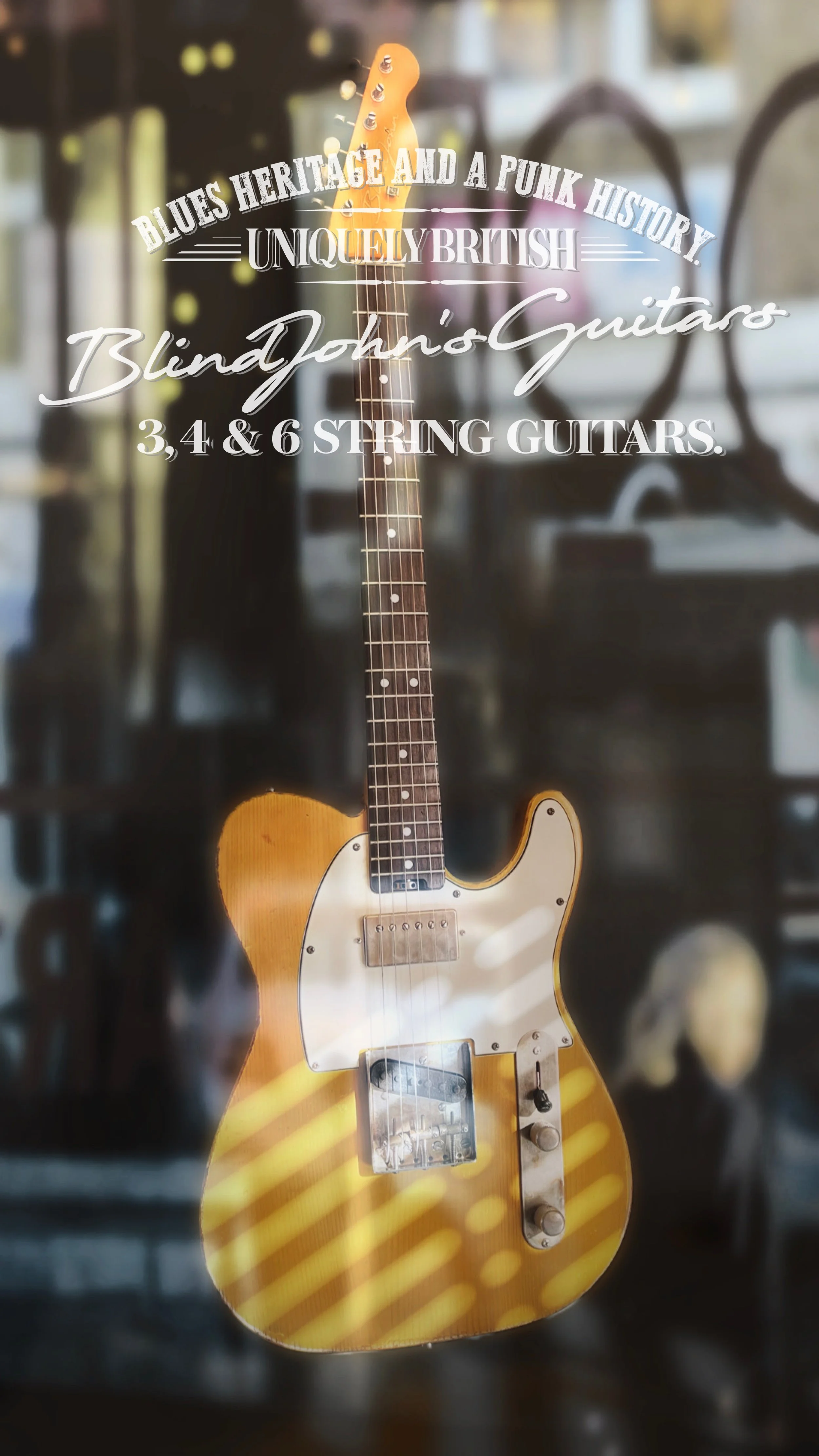 A vintage yellow electric guitar displayed in a storefront window with promotional text overlayed, advertising a British-made guitar shop specializing in 3, 4, and 6 string guitars.