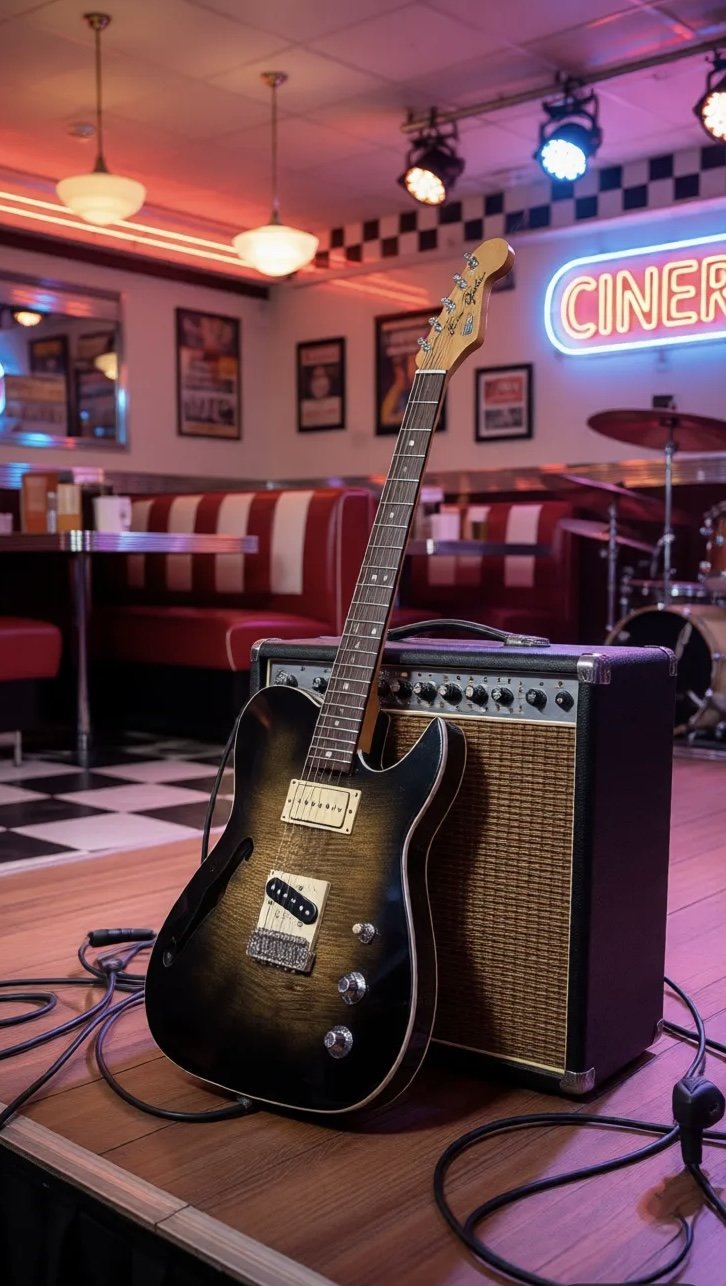 Electric guitar placed in front of an amplifier on a stage inside a retro diner or bar with neon lights and checkered floor.