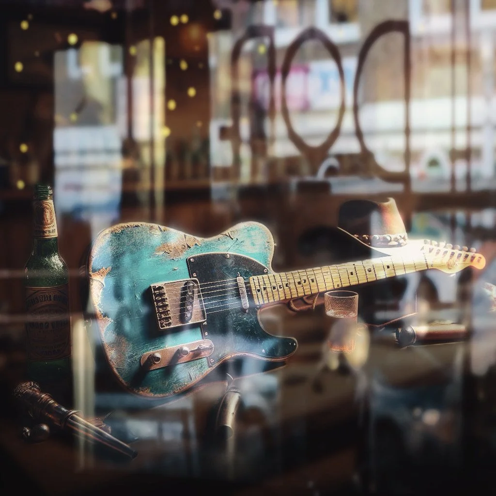 An electric guitar with a distressed blue finish displayed behind a glass window, with reflections and blurred objects in the background.