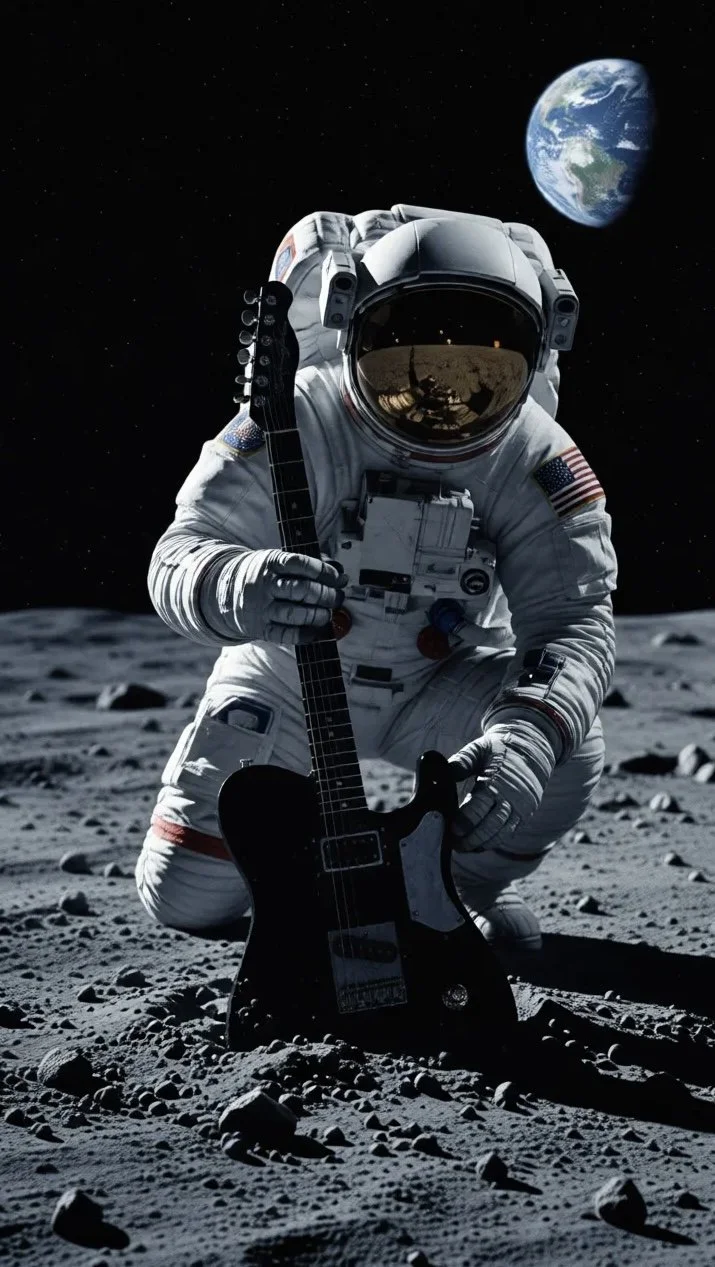 An astronaut in a spacesuit kneels on the moon's surface, holding a black electric guitar from Blind Johns Guitars with Earth visible in the background.
