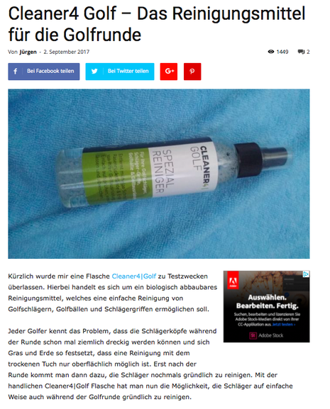 Eine Flasche Cleanar4Golf Reinigungsmittel auf einer blauen Oberfläche.