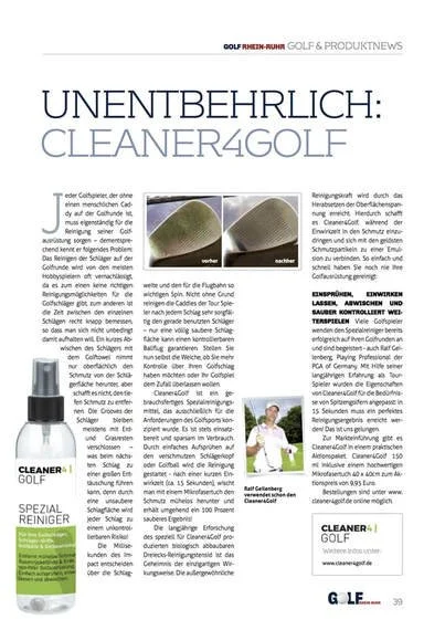 Artikel über CLEANER4GOLF, ein Spezialreiniger für Golfplätze, mit einem Bild eines Reinigungsspray und einer Beschreibung in deutscher Sprache.