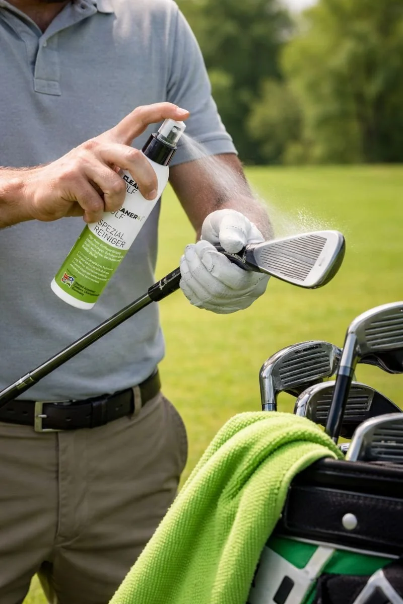 Mann in Polohemd mit Golfbällen und -tasche beim Golfspielen, der eine Reinigungs- oder Pflegemittel auf einen Golfclub sprüht