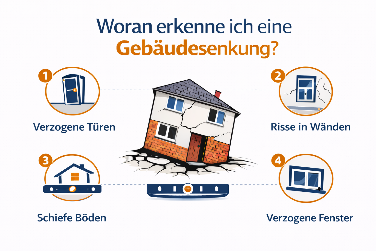 Infografik zeigt, wie man eine Gebäudesenkung erkennt: 1. Verzogene Türen, 2. Risse in Wänden, 3. Schiefe Böden, 4. Verzogene Fenster. In der Mitte ein schief stehendes, beschädigtes Haus.