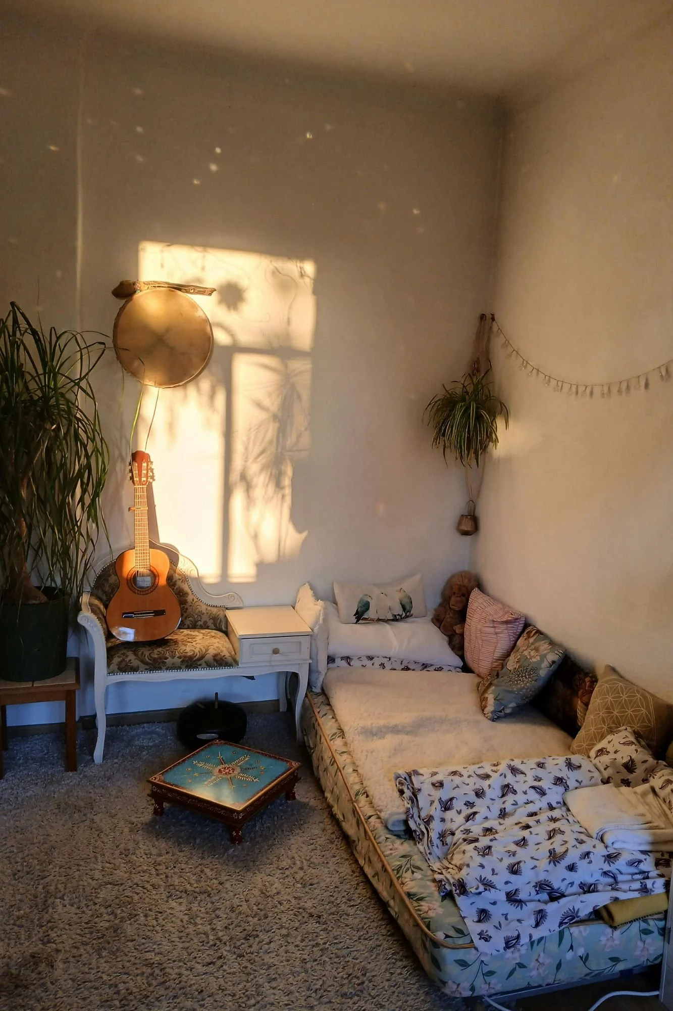 A cozy bedroom corner with a single bed surrounded by colorful pillows, a small white bedside table, a vintage armchair with an acoustic guitar resting on it, a large potted plant to the left, another hanging plant on the right, and string lights hanging on the wall. Sunlight creates shadow patterns on the wall.