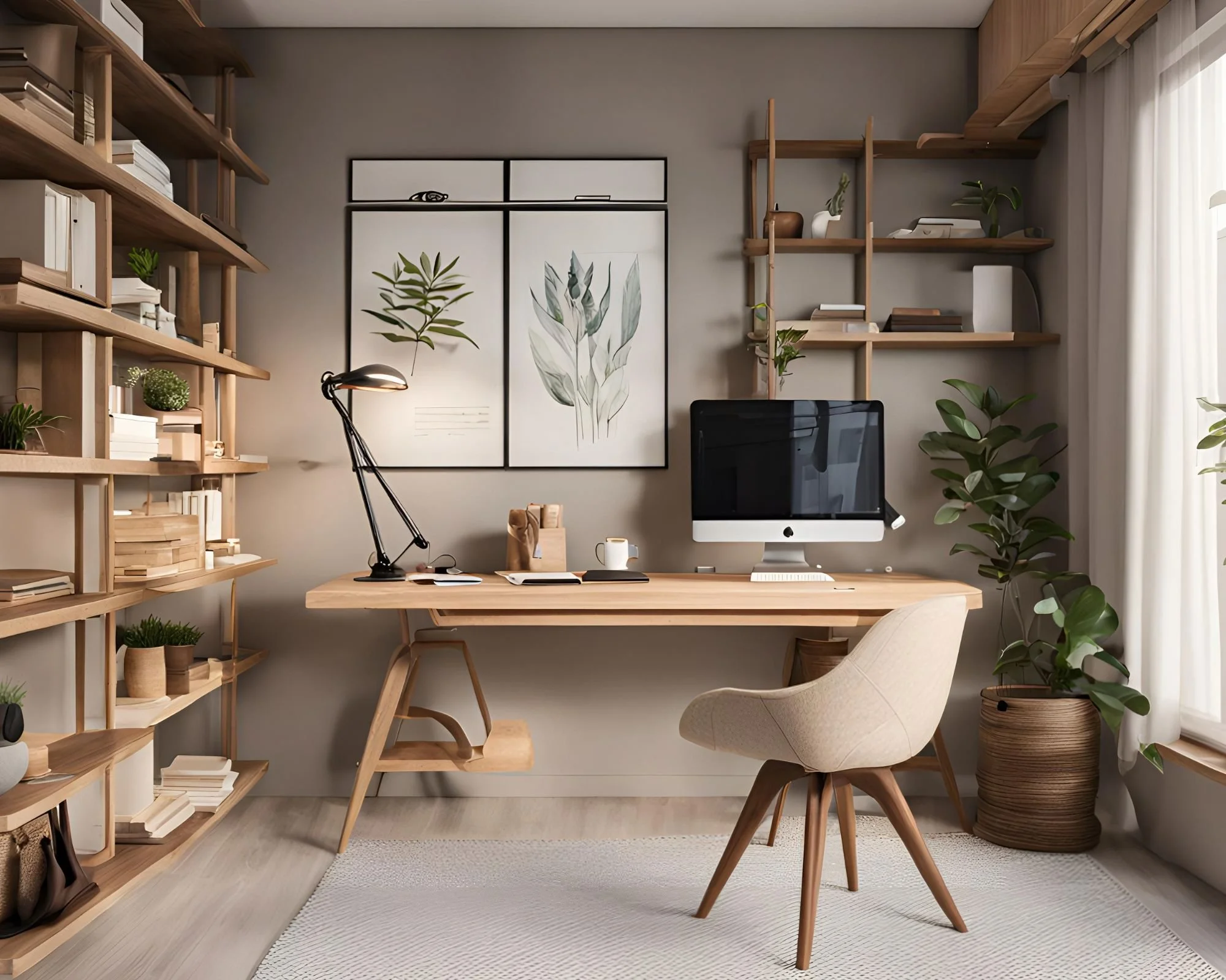 Modern home office with wooden desk, beige chair, black desk lamp, desktop computer, wall art, and wooden shelving filled with books and plants, near a large window with white curtains.