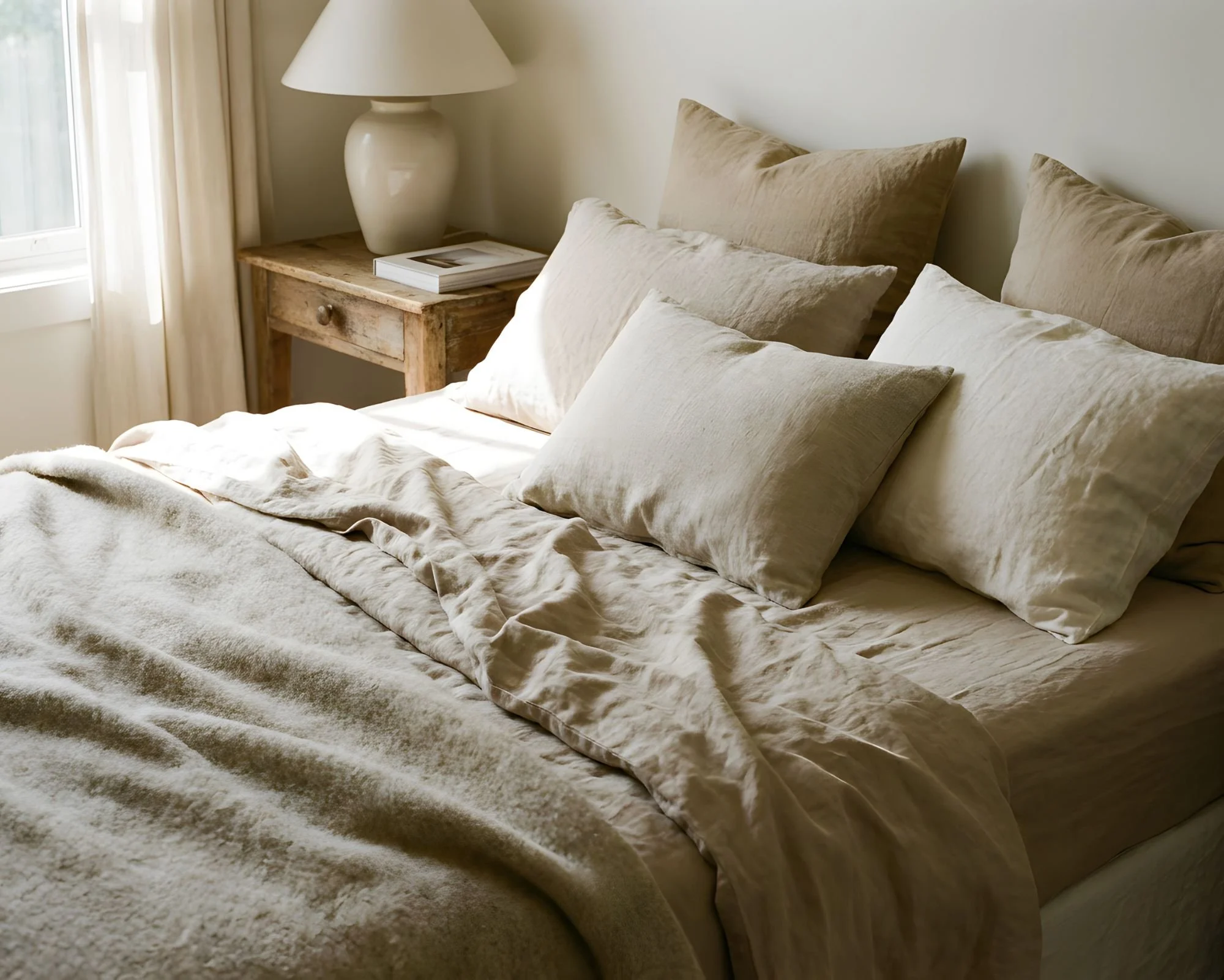 A neatly made bed with beige and cream-colored pillows and a beige comforter in a bright bedroom. A wooden nightstand with a white lamp and a book is beside the bed, near a window with cream curtains.