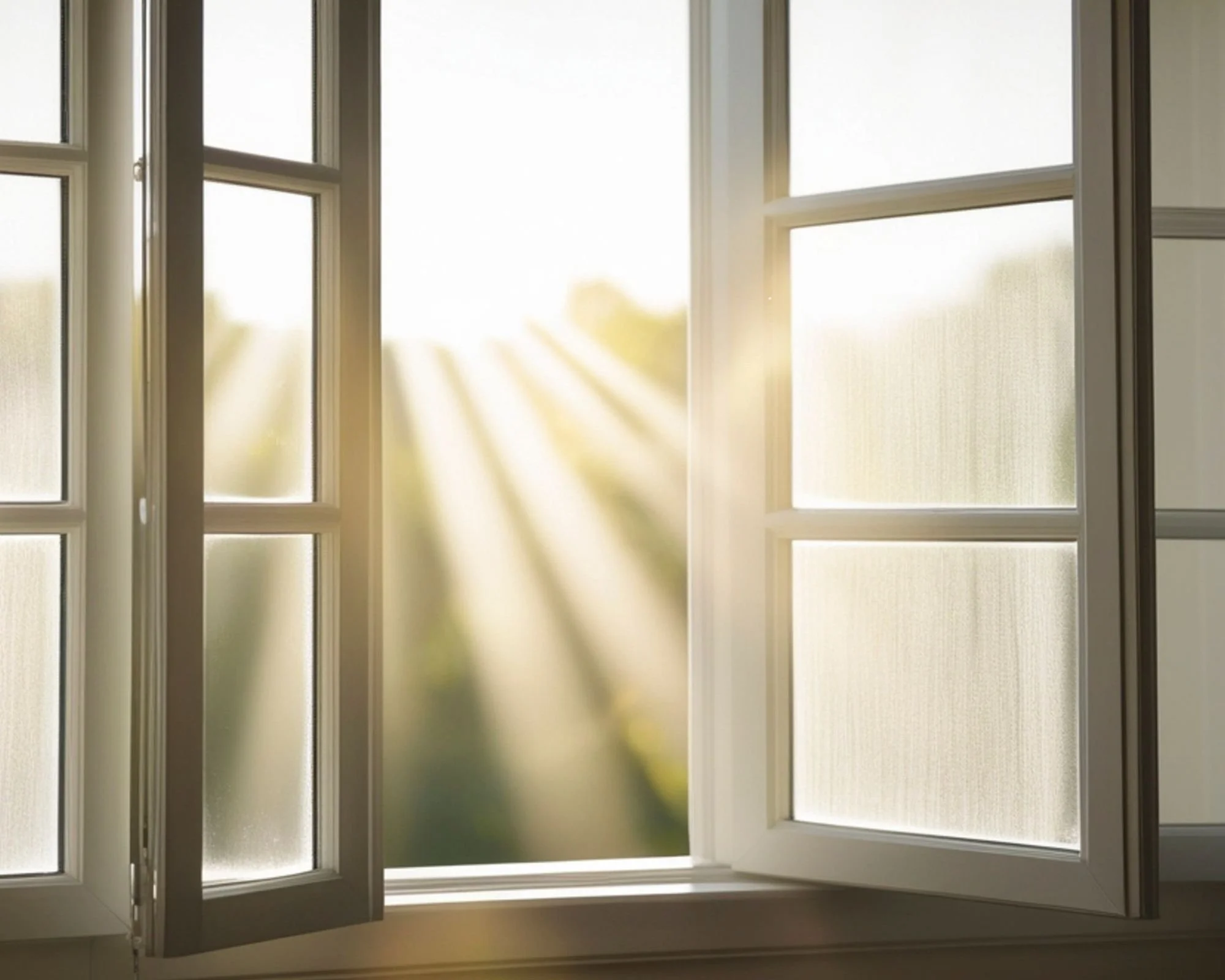 Open window with sunlight streaming through, illuminating the window frame and frosted glass panes, with blurred outdoor scenery in the background.