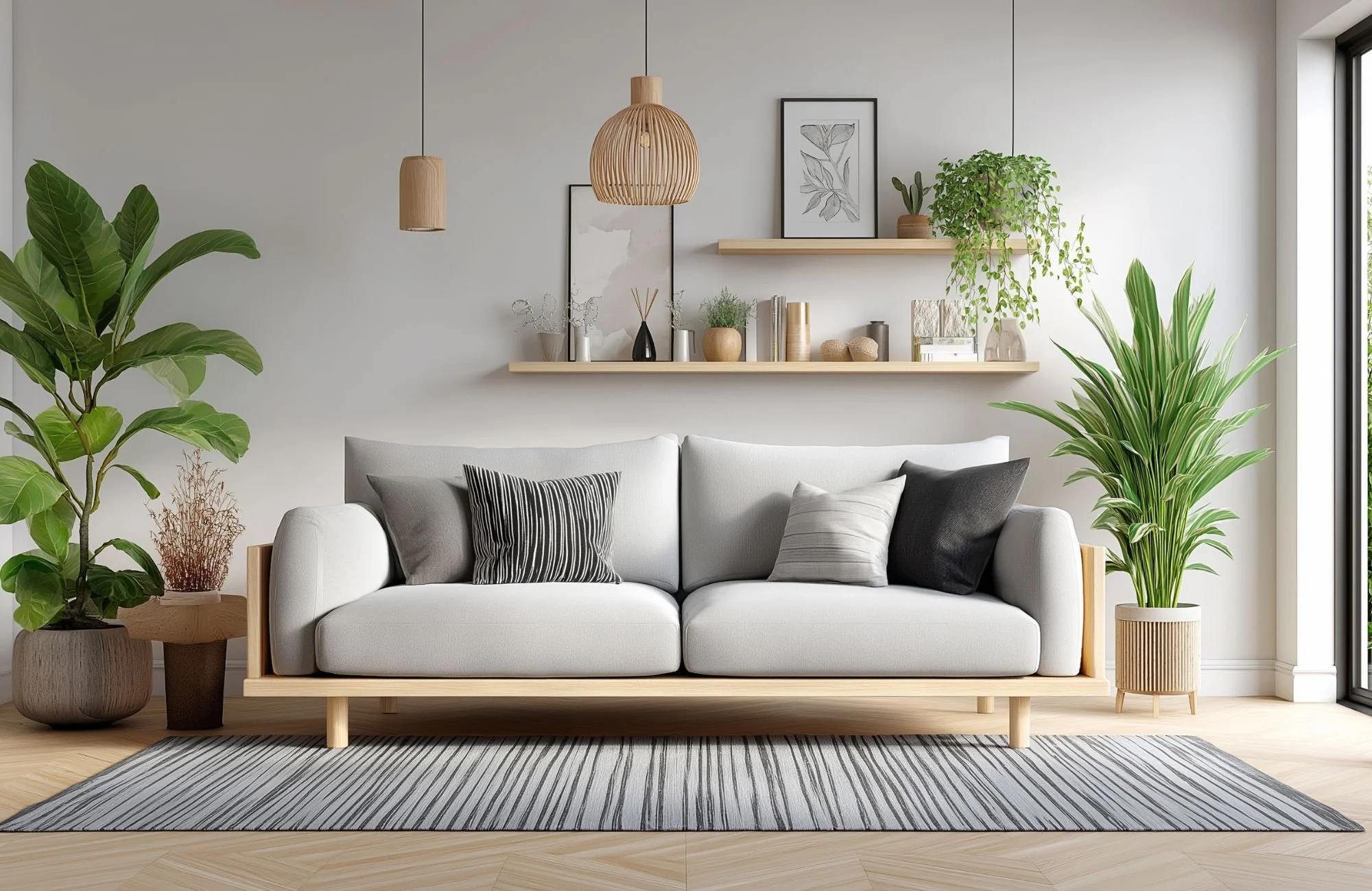 Modern living room with white sofa, black and gray pillows, wooden shelves with decorative items, potted plants, and a gray striped rug.