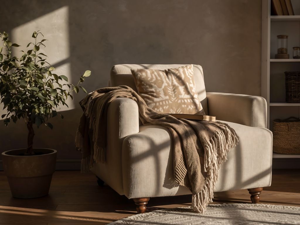 Cozy beige armchair with draped throw blanket and decorative pillow in sunlit living room, next to a potted plant.
