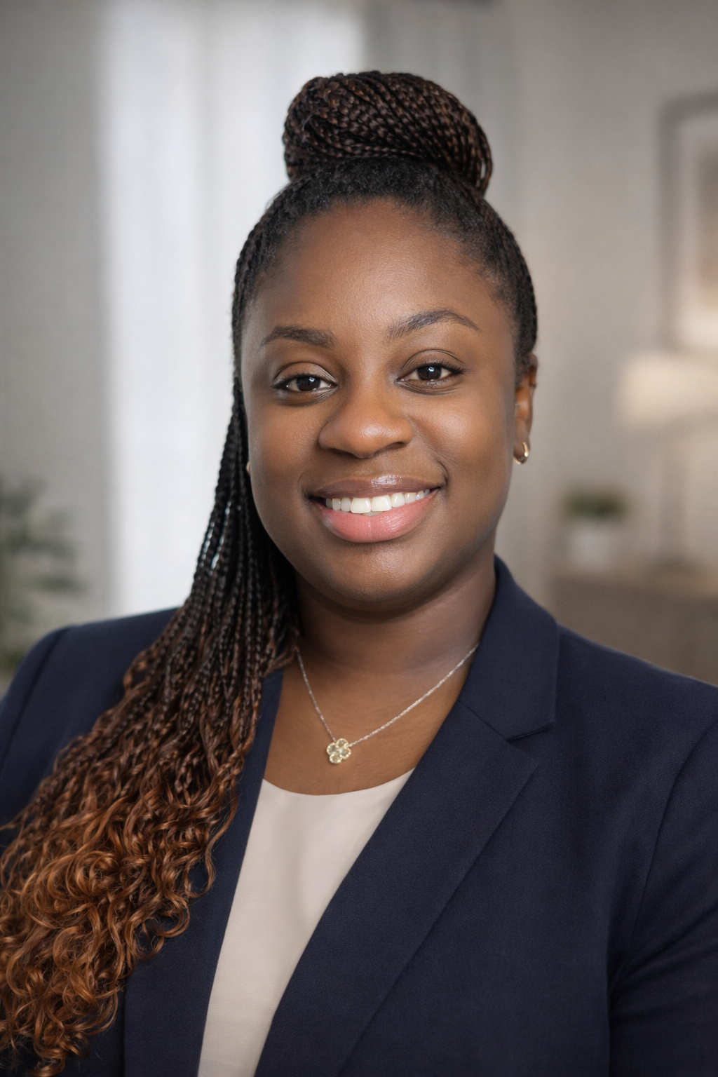 A smiling woman with braided hair styled in a high bun, wearing a dark blazer and a necklace, in a professional setting.