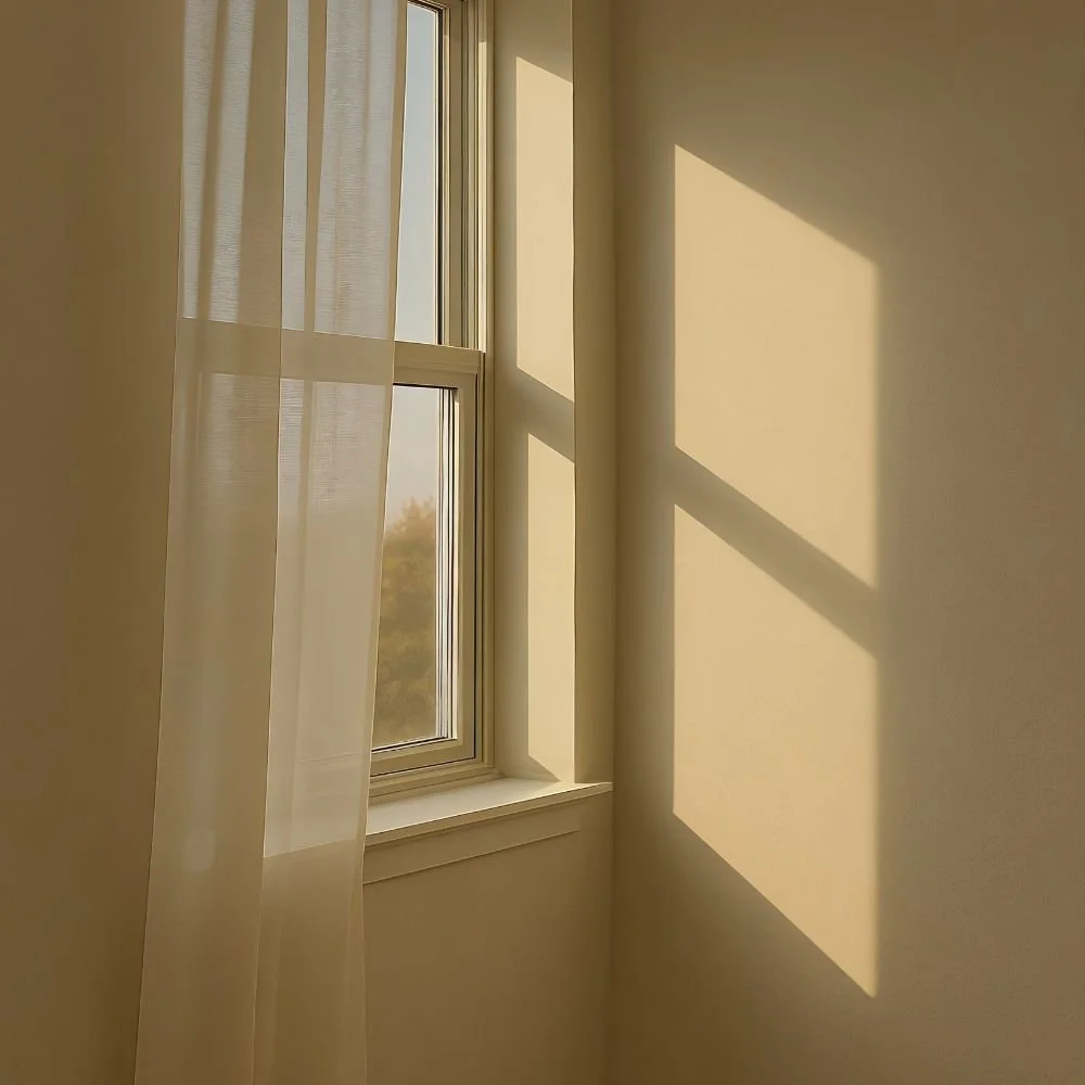 Sunlight coming through a window with sheer curtains, creating a square shadow on the wall.