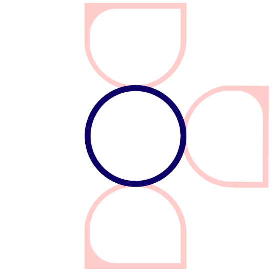 Geometrische Zeichnung eines skizzierten Quadrats mit Abschnitten, die von vertikalen, horizontalen und kreisförmigen Linien unterteilt werden.