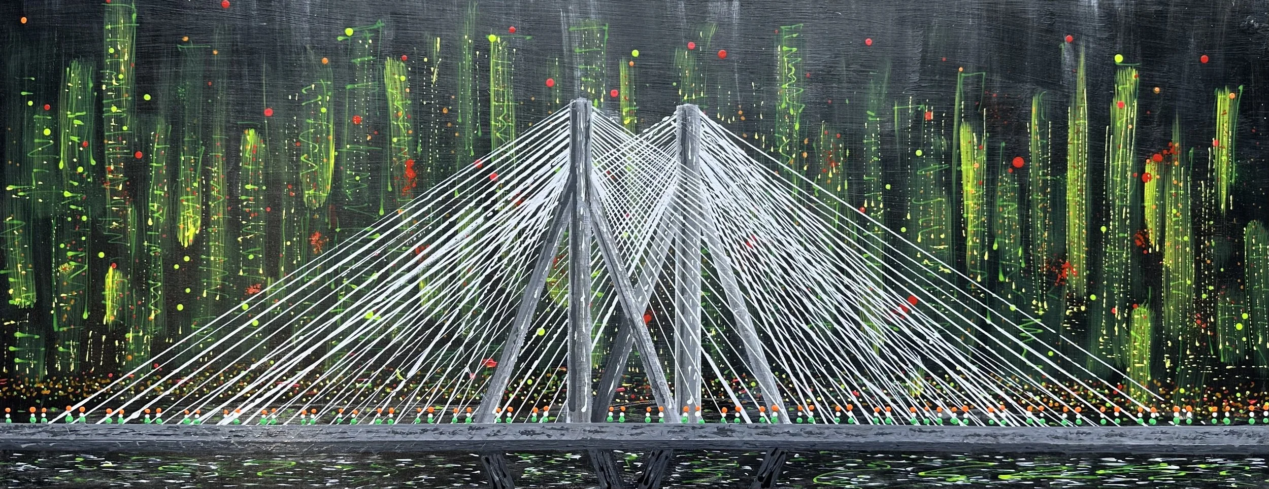 SOLD - On the Move is a cityscape painting by Rob Hales, created in Mumbai, exploring movement, structure and urban energy.