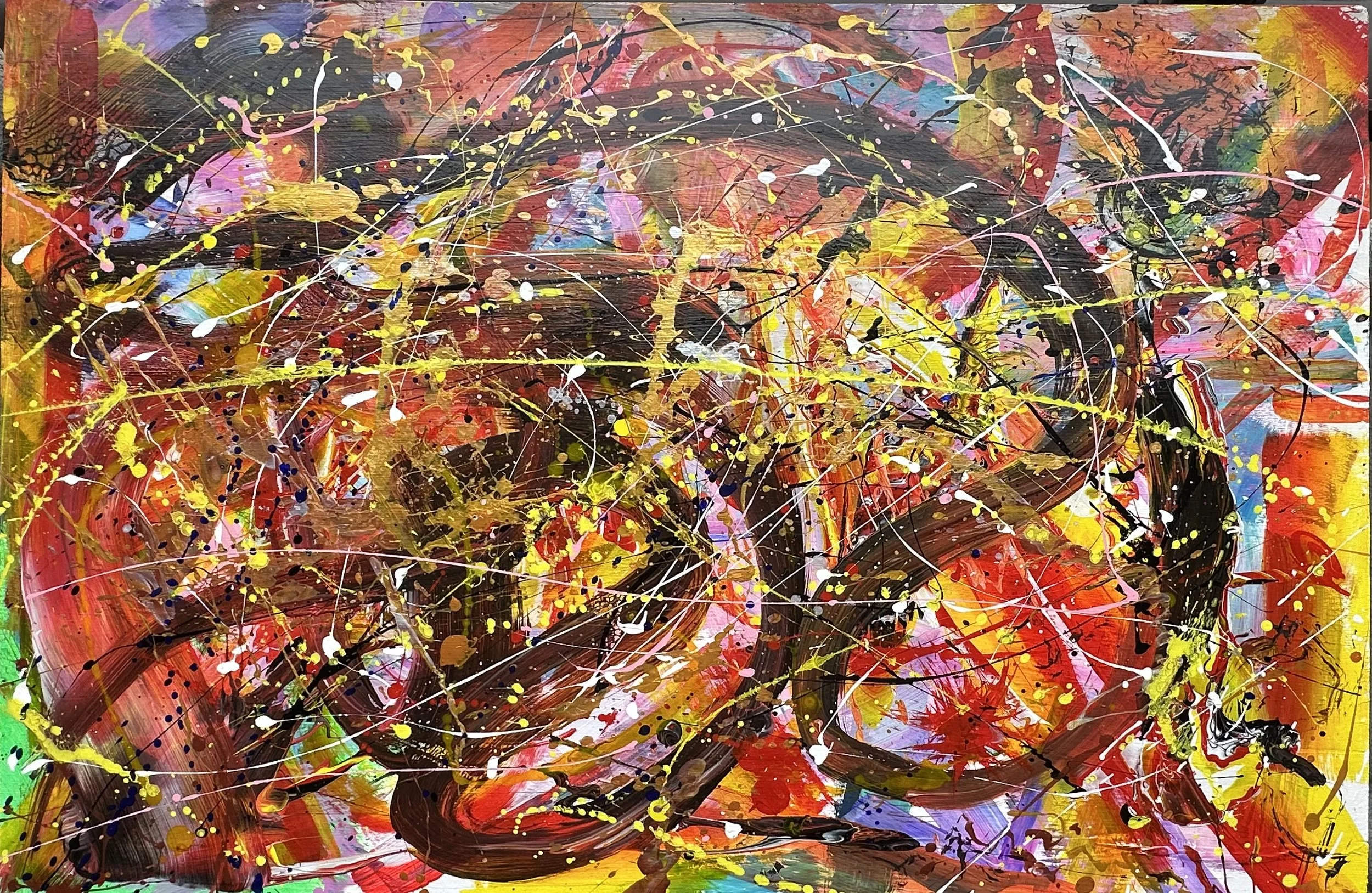 AVAILABLE - End of the World is an original abstract painting by Rob Hales, exploring colour, gesture and layered composition.