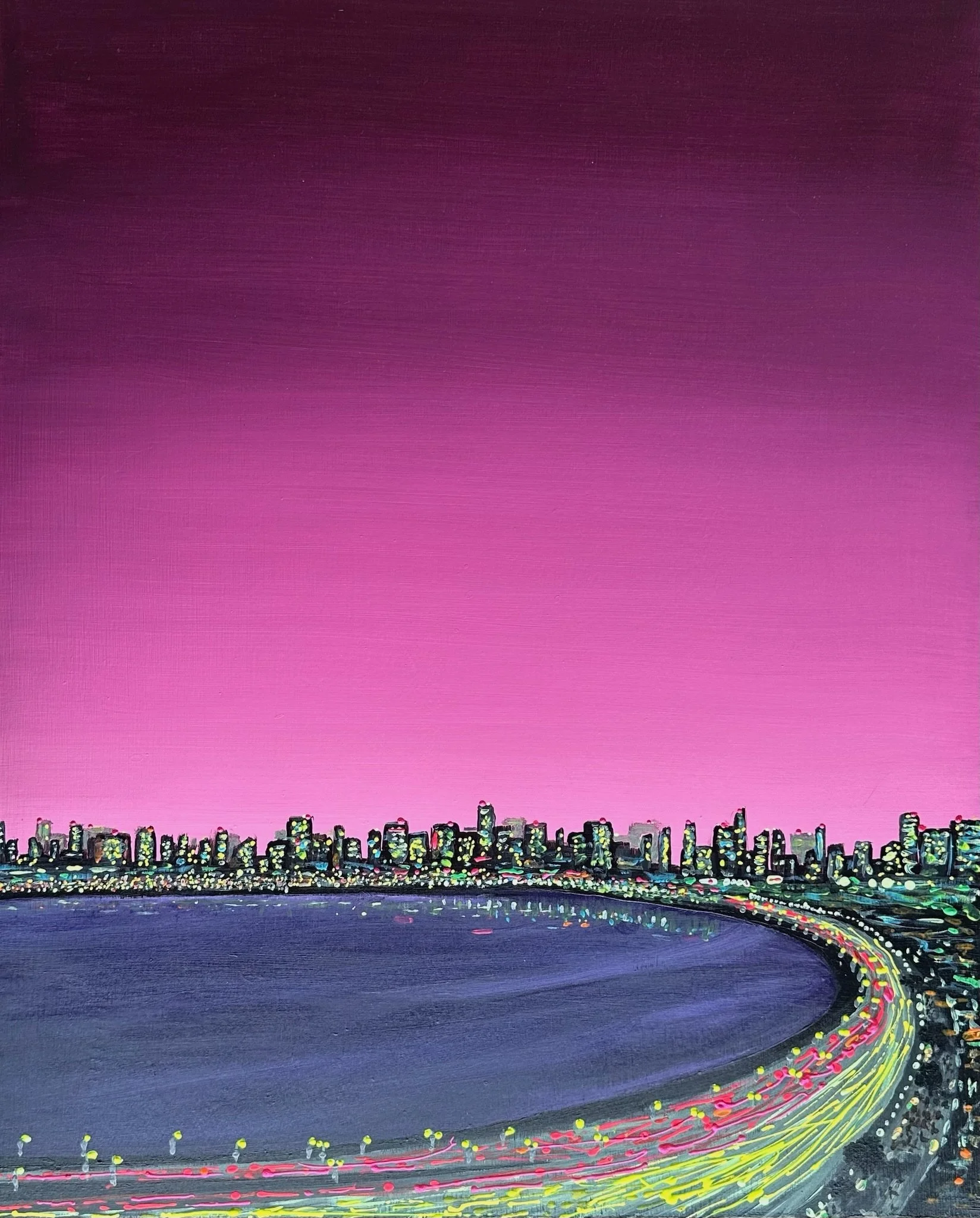 AVAILABLE - Evening Plans is a cityscape painting by Rob Hales, created in Mumbai, exploring movement, structure and urban energy.