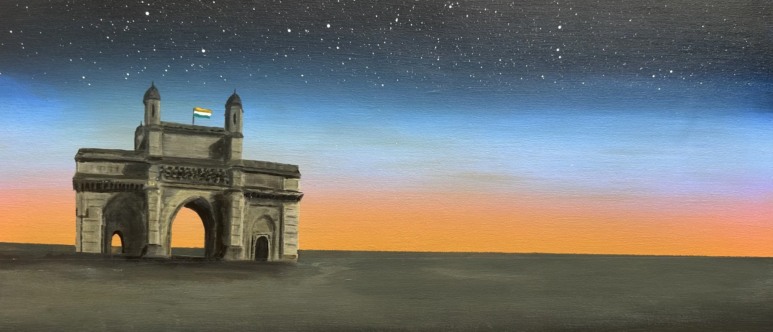 SOLD - Point of Arrival is a cityscape painting by Rob Hales, created in Mumbai, exploring movement, structure and urban energy.