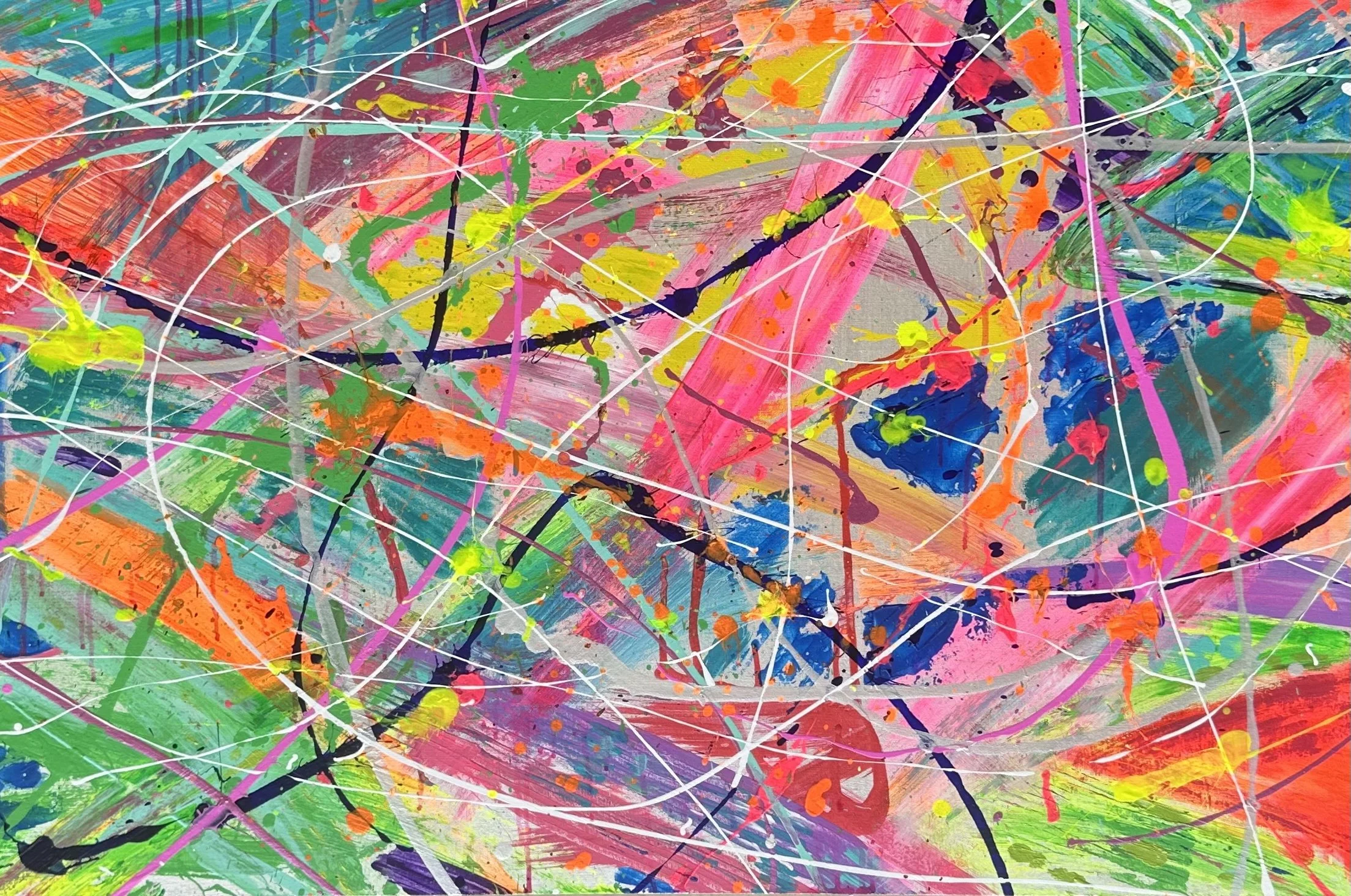 AVAILABLE - No Adult Supervision is an original abstract painting by Rob Hales, exploring colour, gesture and layered composition.