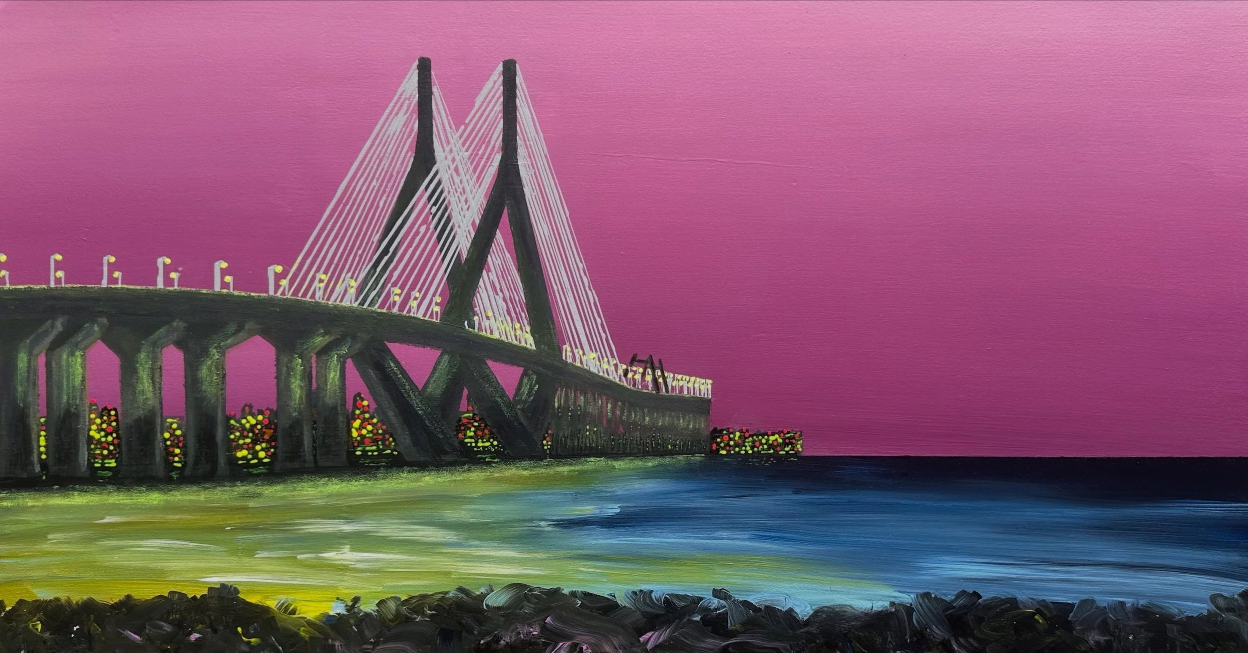 AVAILABLE - No Turning Back is a cityscape painting by Rob Hales, created in Mumbai, exploring movement, structure and urban energy.