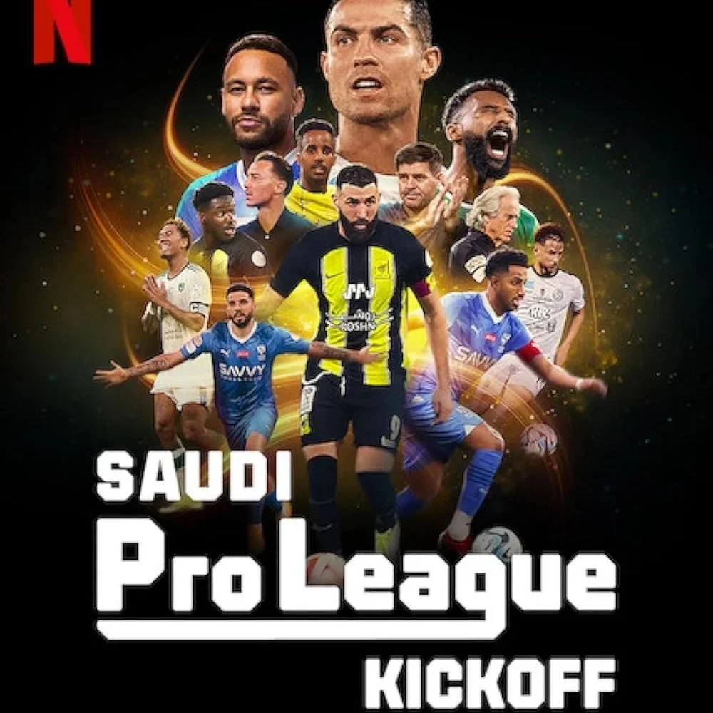 Promotional poster for the Saudi Pro League Kickoff featuring multiple soccer players in action and portraits.