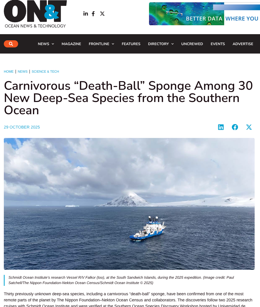 Research vessel R/V Falkor in icy Southern Ocean waters with snow-covered mountain in background.