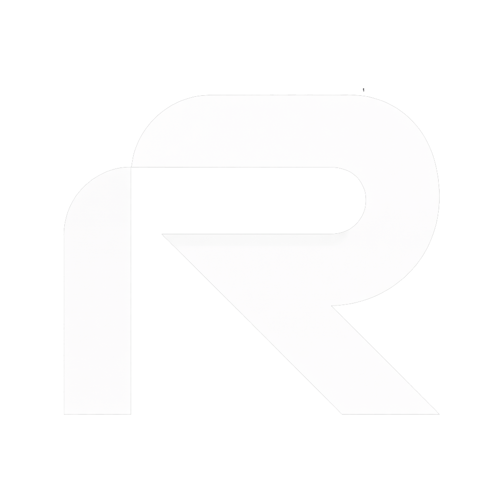 A black square background with a stylized white letter R in bold, modern font.