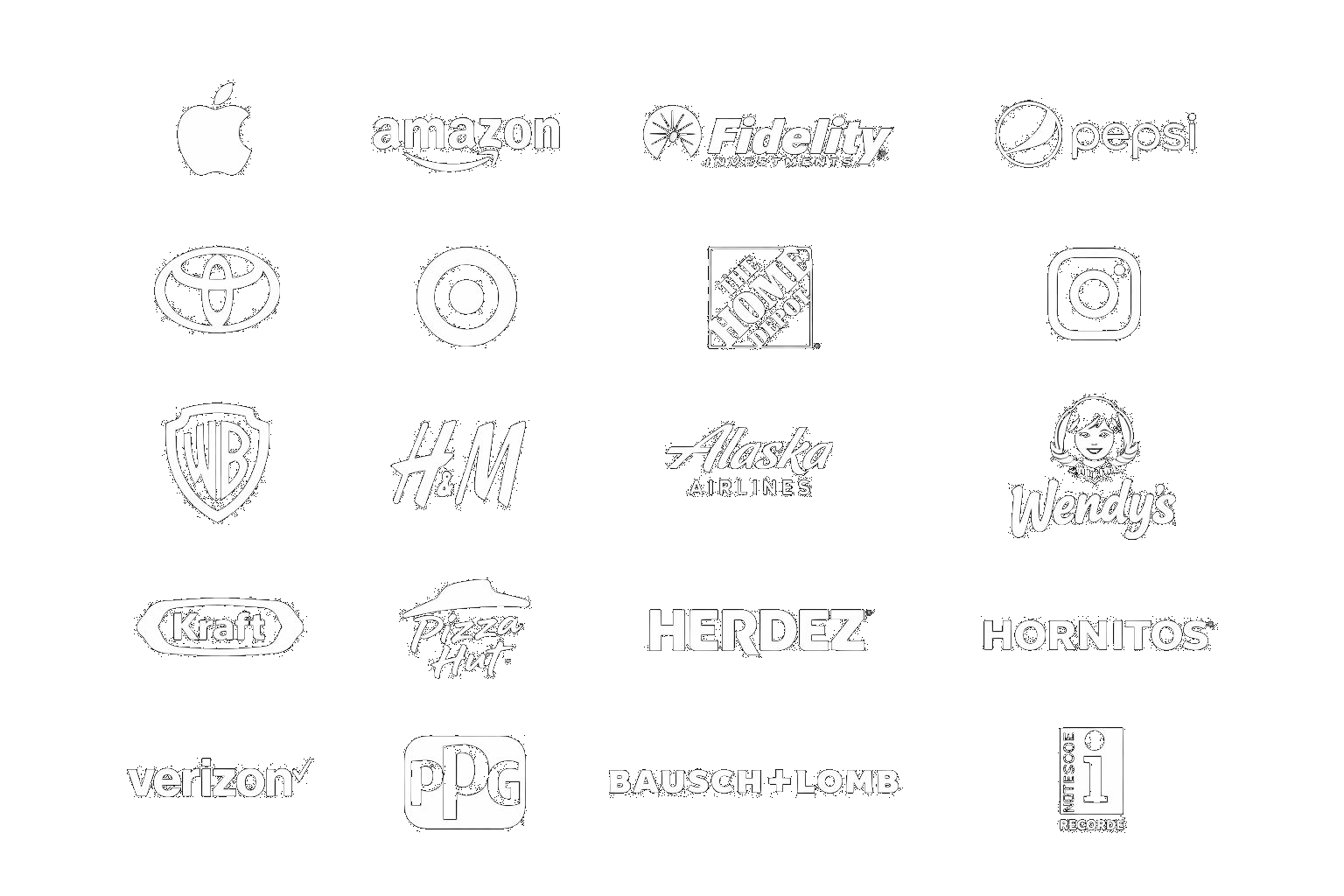 A collage of various company logos on a black background, including Apple, Amazon, Fidelity Investments, Pepsi, Toyota, Target, The Home Depot, Instagram, Warner Bros., H&M, Alaska Airlines, Wendy's, Kraft, Pizza Hut, Herdez, Hornitos, Verizon, PPG, Bausch + Lomb, and Notল্প Records.