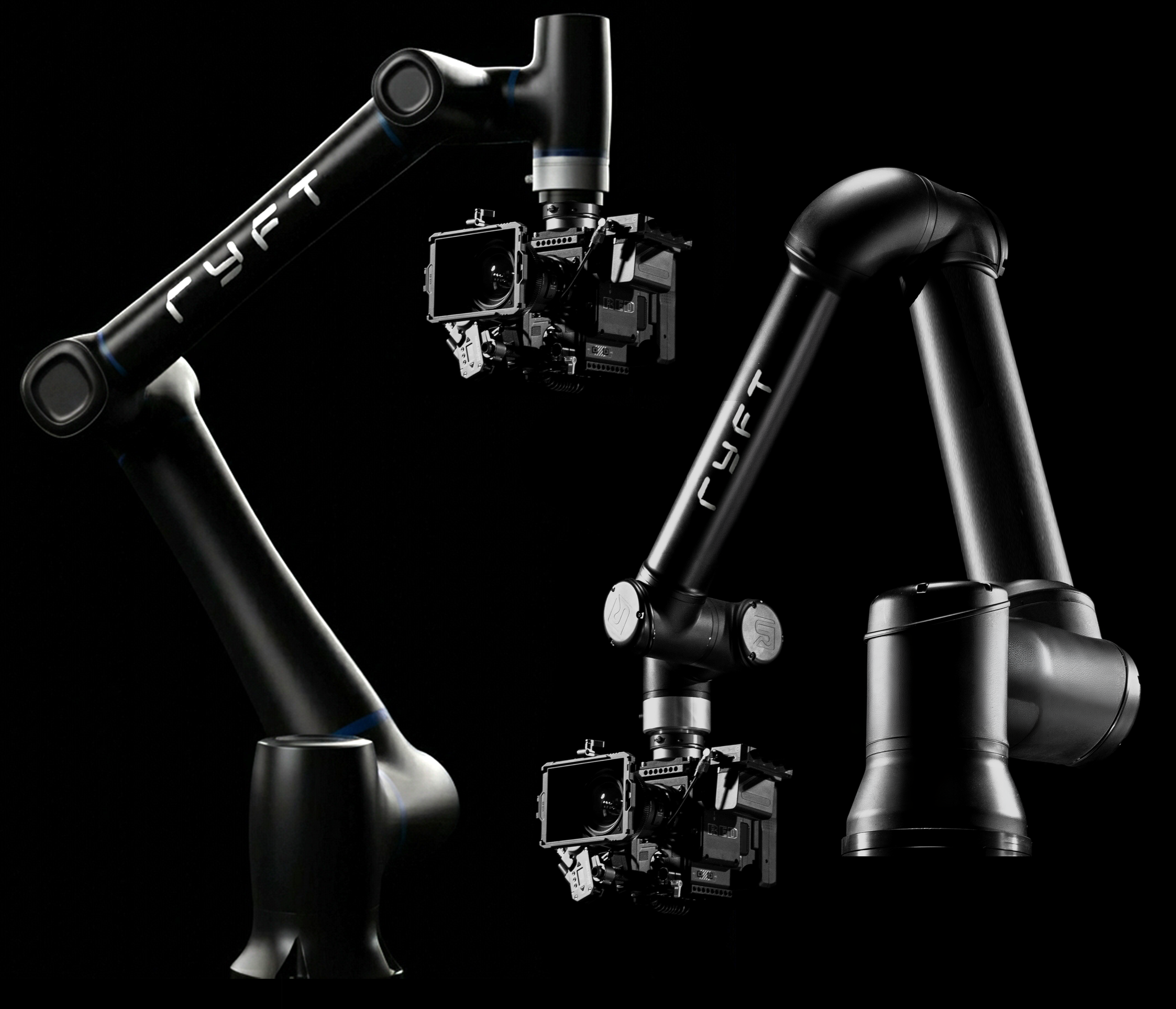 Two black robotic arms with the Tesla logo, each holding a camera, against a black background.