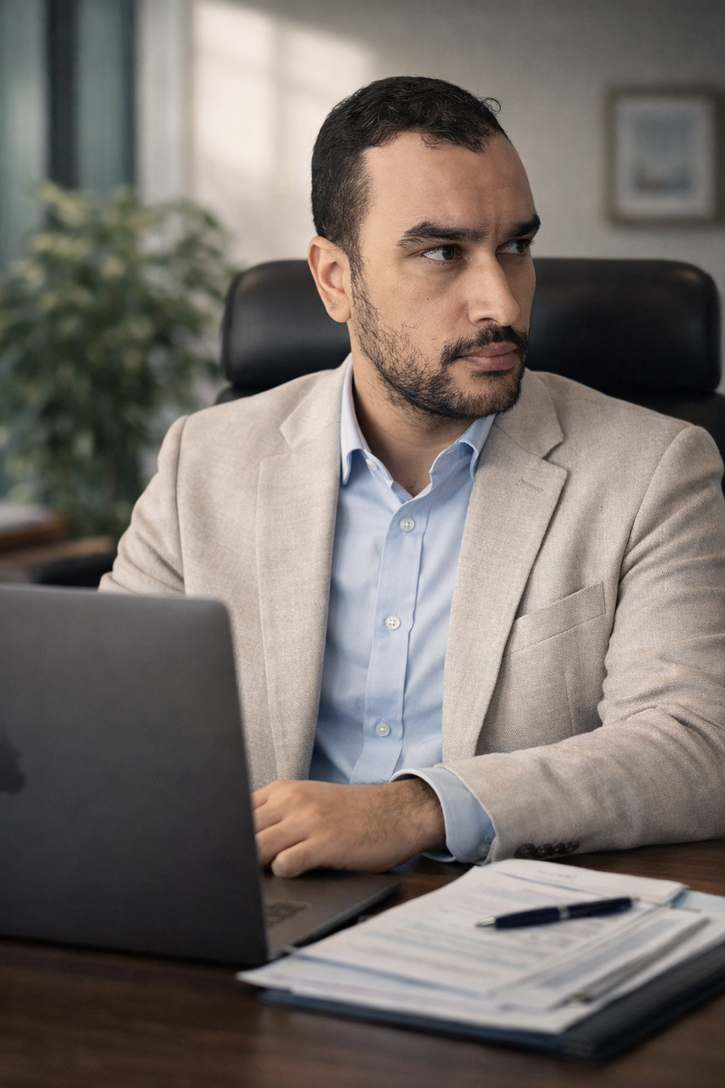Man wearing a beige blazer and light blue shirt sitting at a desk with a laptop and papers, looking to the side in an office environment.