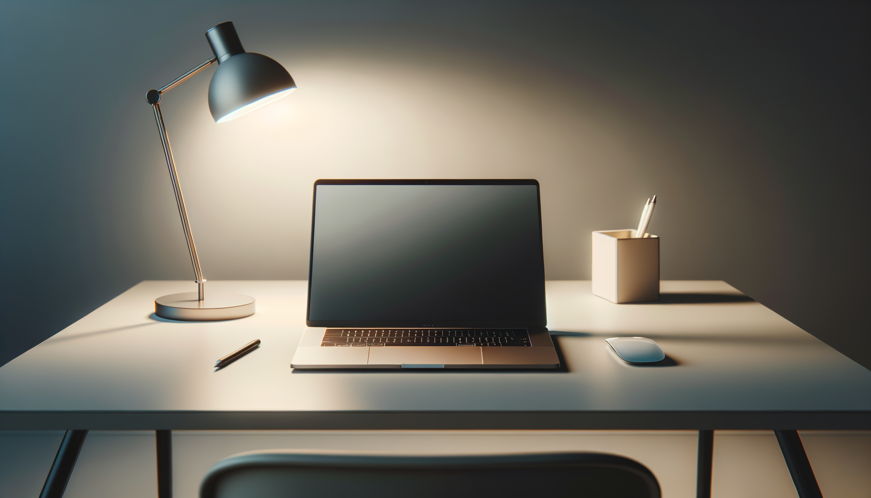 Clean workspace with a desk lamp, a closed laptop, a wireless mouse, a pen, and a small container holding pens, illuminated by a desk lamp.
