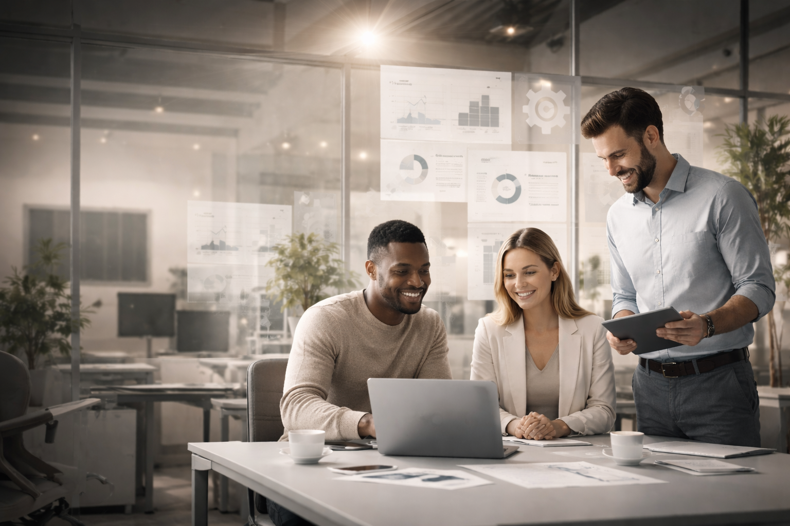 Three colleagues in an office looking at a laptop and tablet, smiling, with data charts on the glass wall behind them.