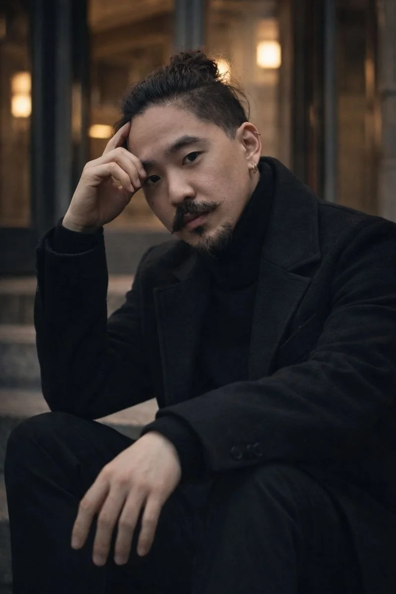 Portrait of a man with dark hair tied up, wearing black clothing, sitting indoors with wooden walls and soft lighting.