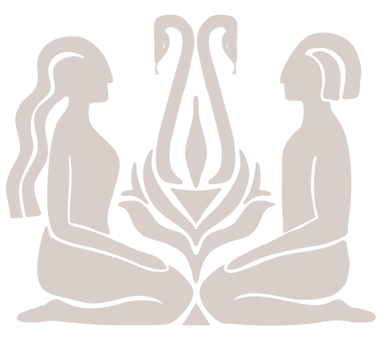 Two stylized women sitting cross-legged facing each other with a large lotus flower and a flame or spear between them.