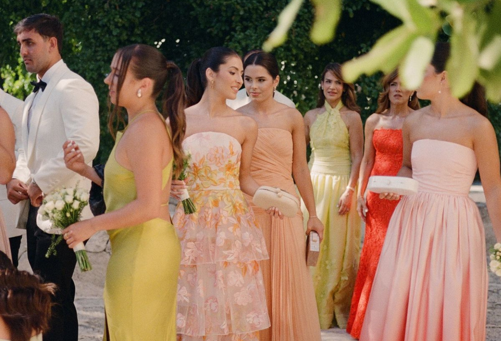 Wedding guests in colorful dresses