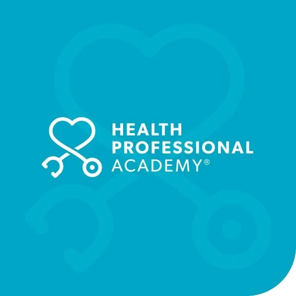 Logo for Health Professional Academy with a stethoscope forming a heart shape on a blue background.