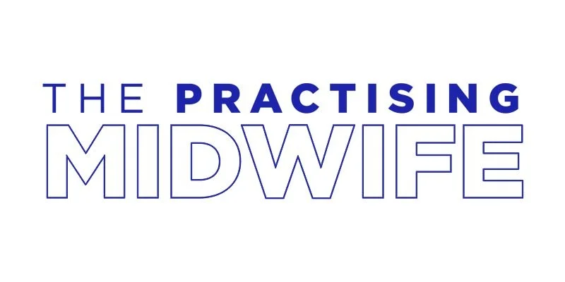 Text reads 'The Practising Midwife' with 'Practising' in bold dark blue font and 'The' and 'Midwife' in outlined letters.