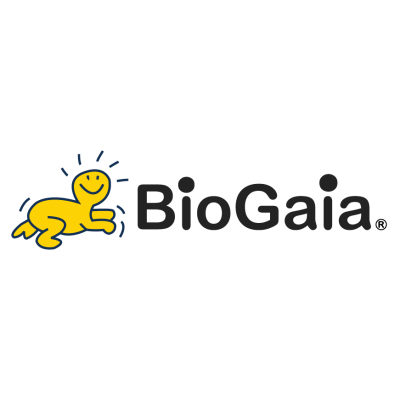 Logo of BioGaia featuring a smiling yellow baby crocodile with blue rays above its head.