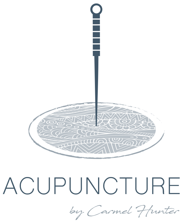 A black background with an illustration of a needle inserting into a circular, intricate pattern. The word 'ACUPUNCTURE' is written below in large font, followed by 'by Carmel Hunter' in a smaller script.
