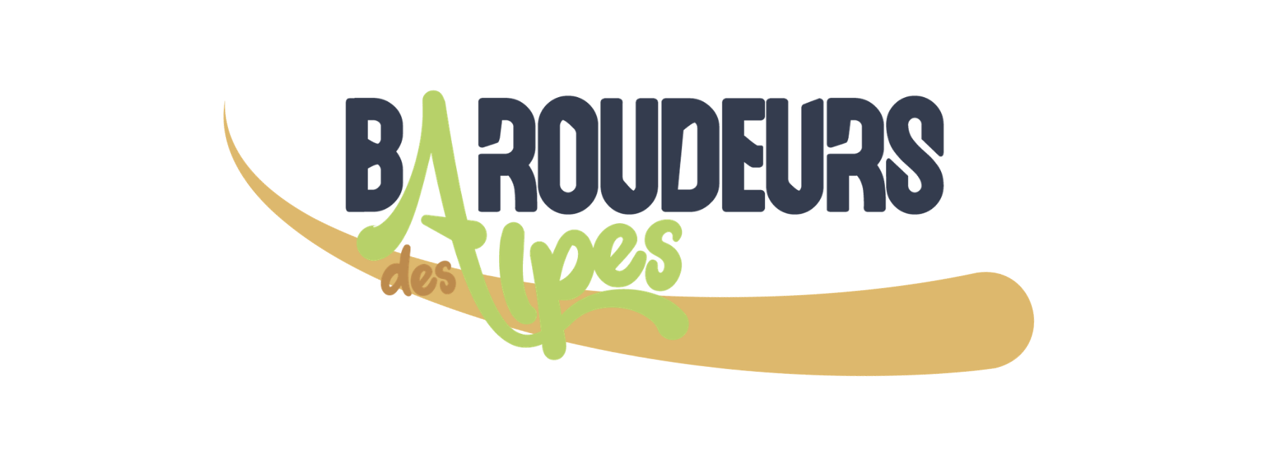 Logo avec le texte "Les Baroudeurs des Alpes" en couleurs vertes, bleues, et beiges, intégré à une illustration stylisée d'une montagne ou du paysage alpin.