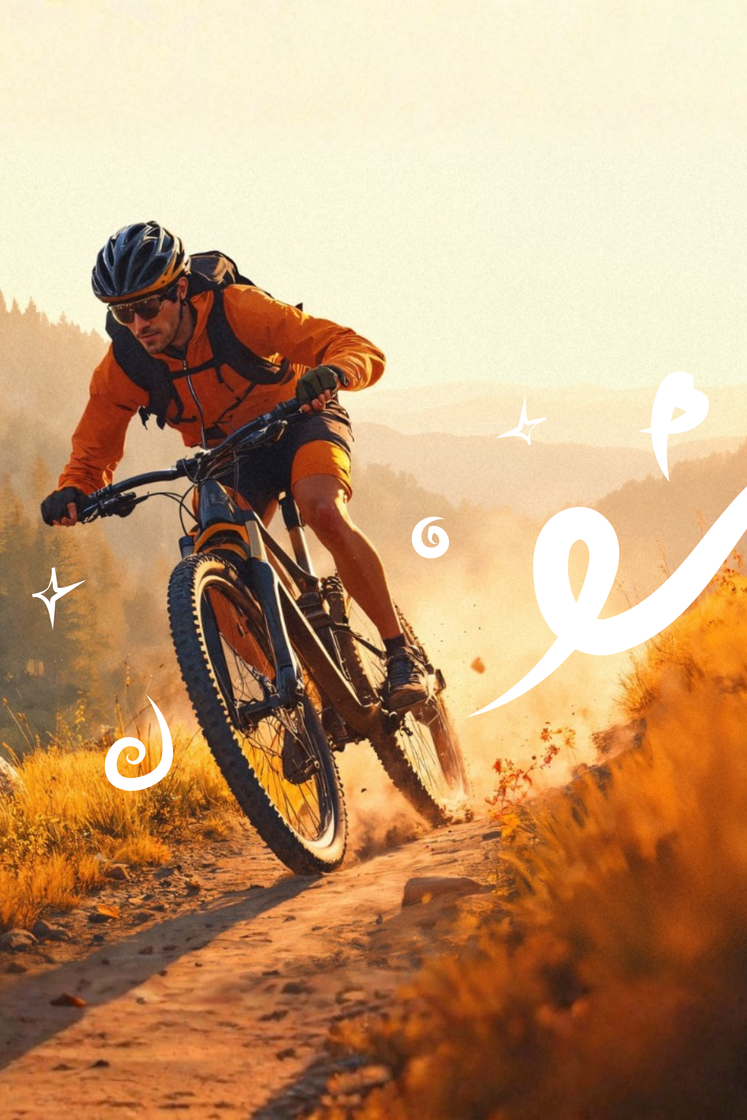 Un homme fait du vélo tout terrain sur un sentier en pleine nature, avec de la poussière qui s'élève derrière lui dans un paysage de montagnes et de forêt sous une lumière dorée du coucher de soleil.
