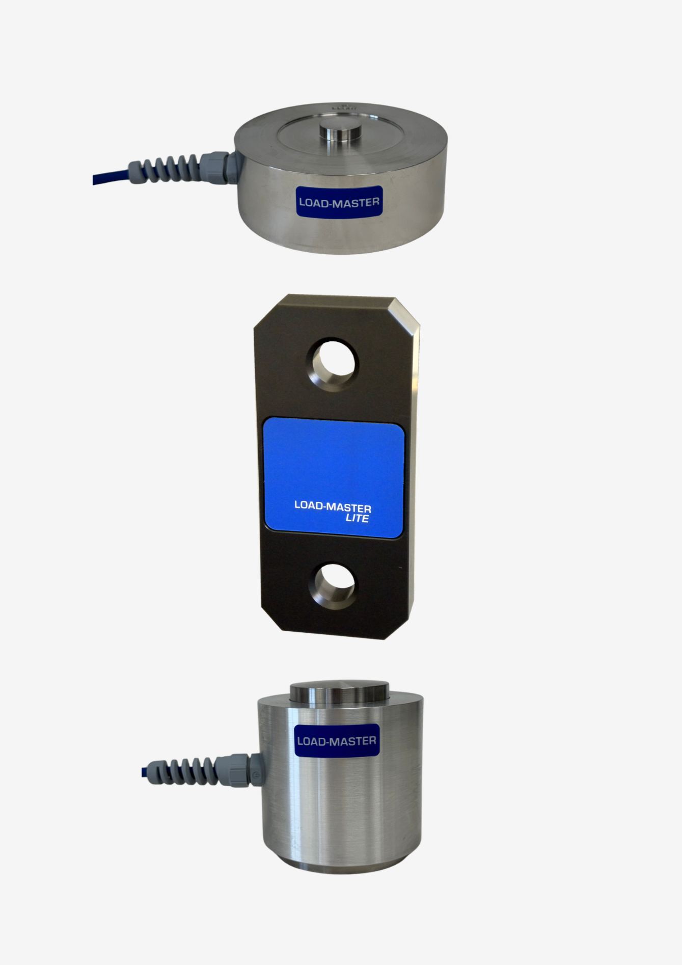 Three load cells labeled LOAD-MASTER, with two cylindrical ones at the top and bottom connected by a metal support with a blue label, and a rectangular load cell in the middle with a blue label.