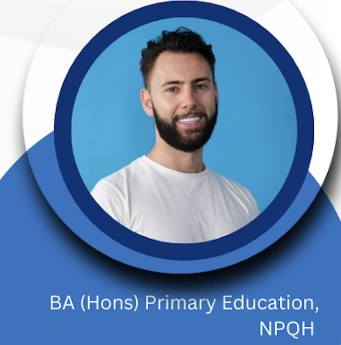 Portrait of a man with dark hair and a beard, smiling, wearing a white shirt, set against a blue background within a circular frame.