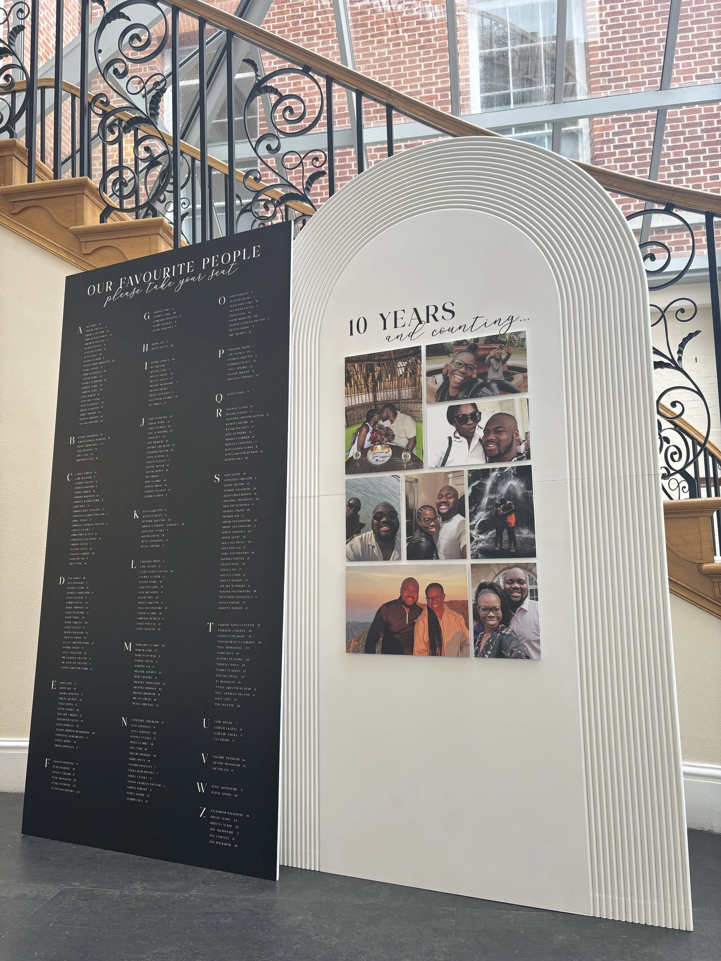 Display board celebrating 10 years with photos of a couple and a table of favorite people.