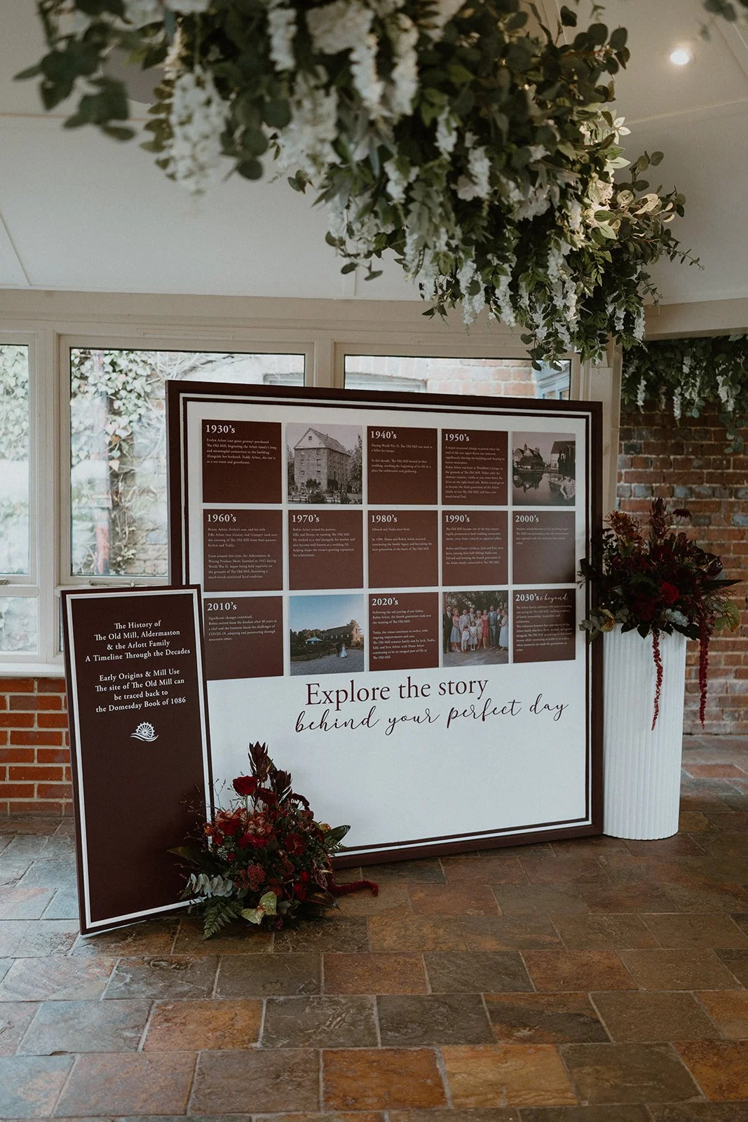 Custom wedding timeline signage installation featuring the venue's story and milestone moments, designed as a statement focal point for guests.