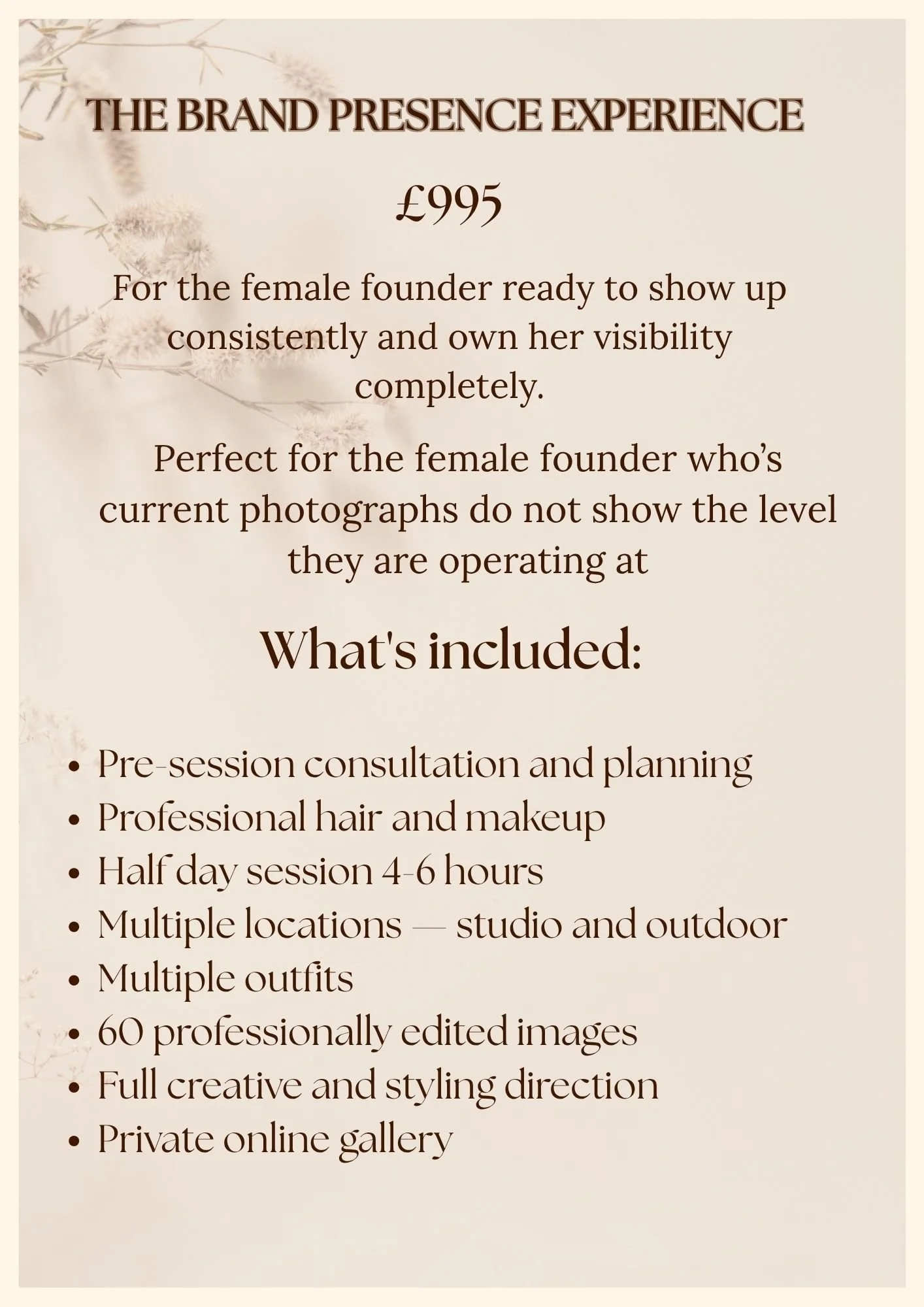 Information about a branding experience package priced at £995, including details such as pre-session consultation, professional hair and makeup, half-day sessions, multiple locations, outfits, edited images, creative styling, online gallery, and more.
